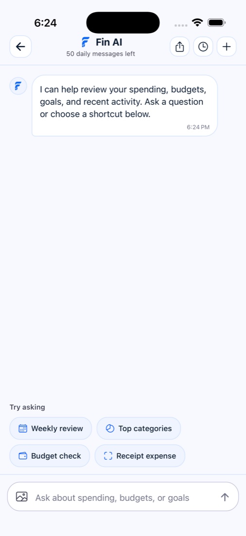 Fin AI chat screen with finance shortcuts