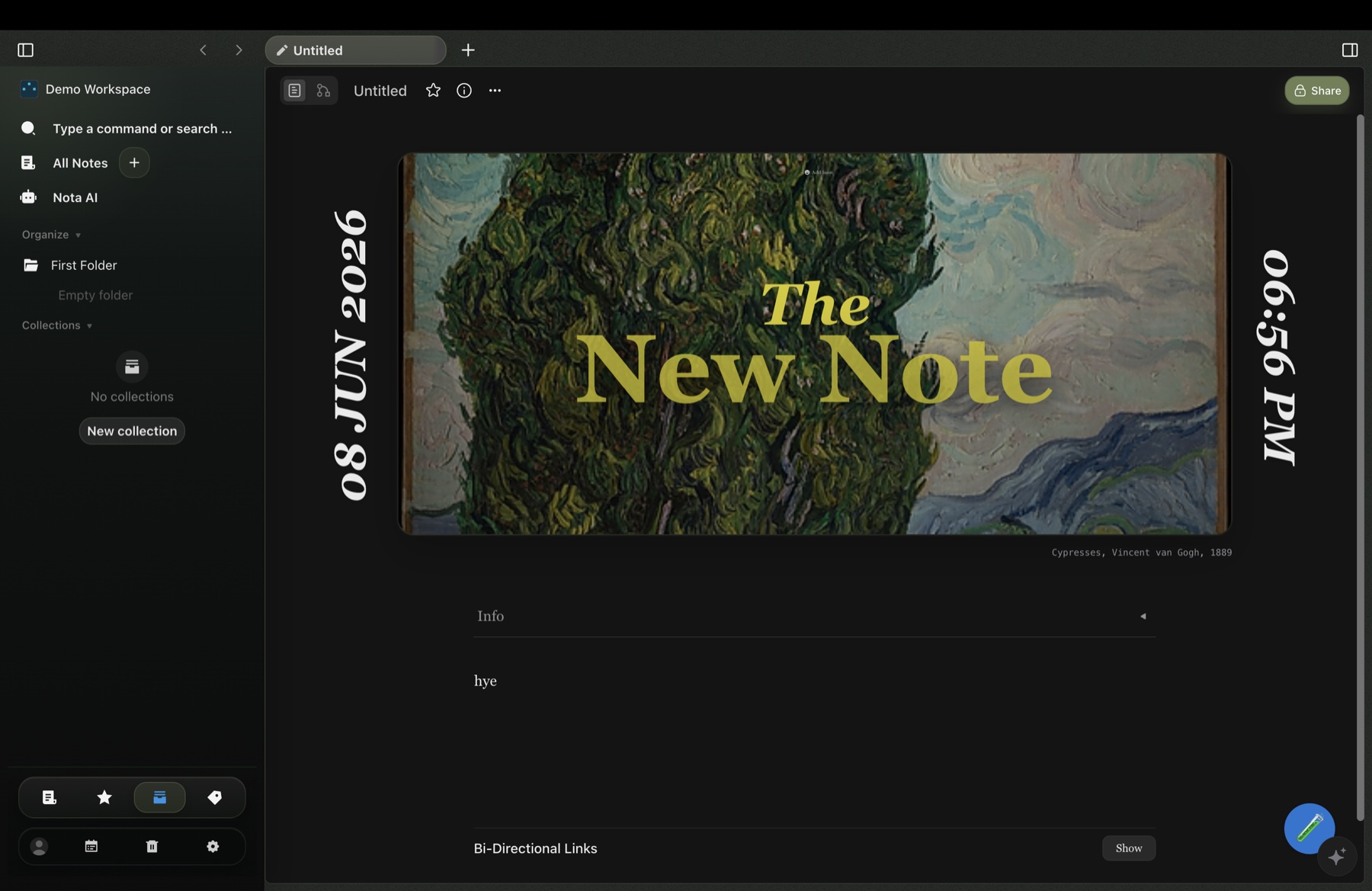 Nota workspace interface showing a new note cover